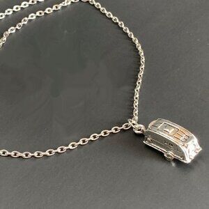 Vintage Happy Camper Necklace Silver Travel Trailer RV Charm 20 In Chain NEW